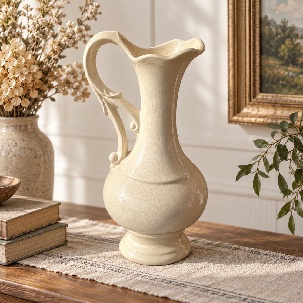 Signed Ivory Crackle Glaze Ceramic Pitcher Vase Vintage Style 12"